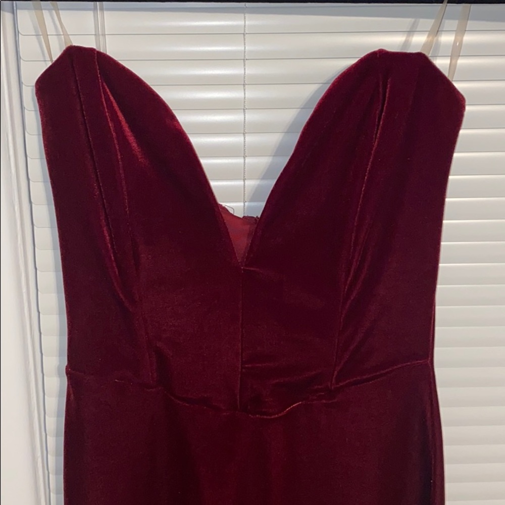 Red velvet deep v front strapless dress